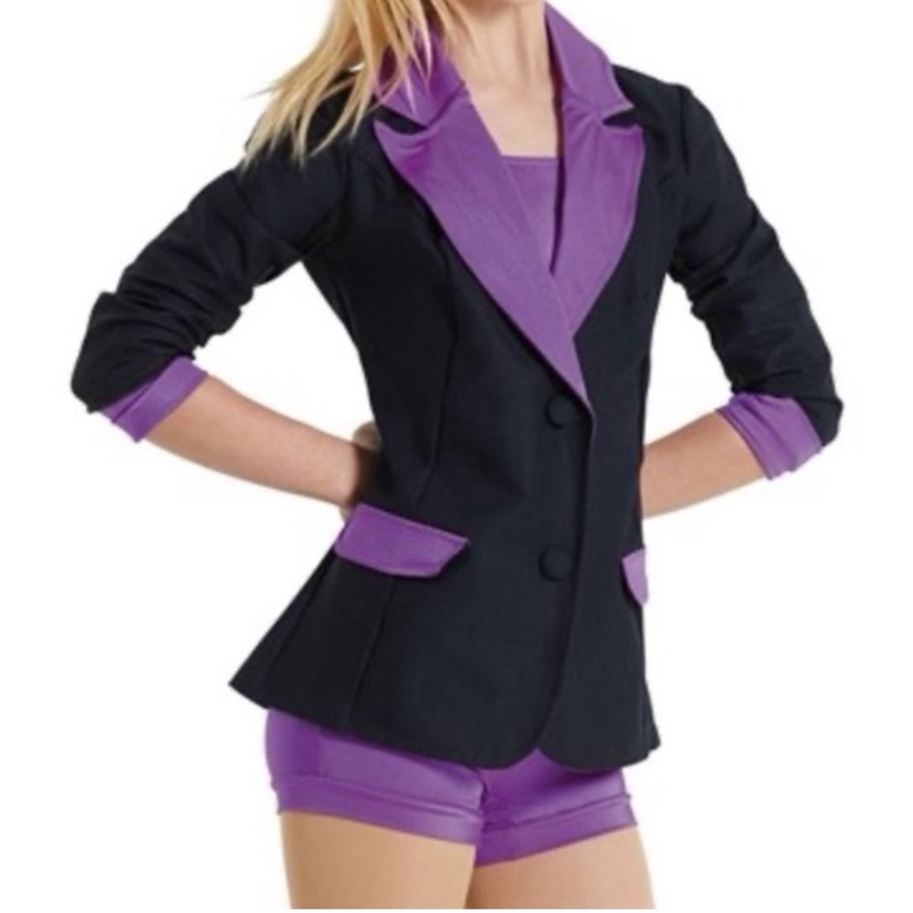 Weissman black blazer with purple accents and matching purple biketard.